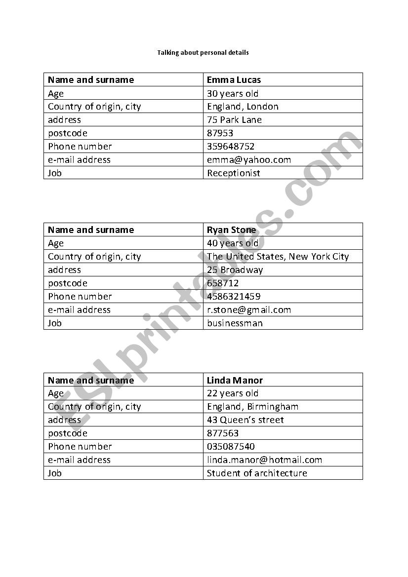 asking for personal details worksheet