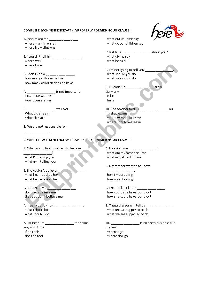 noun cluase worksheet