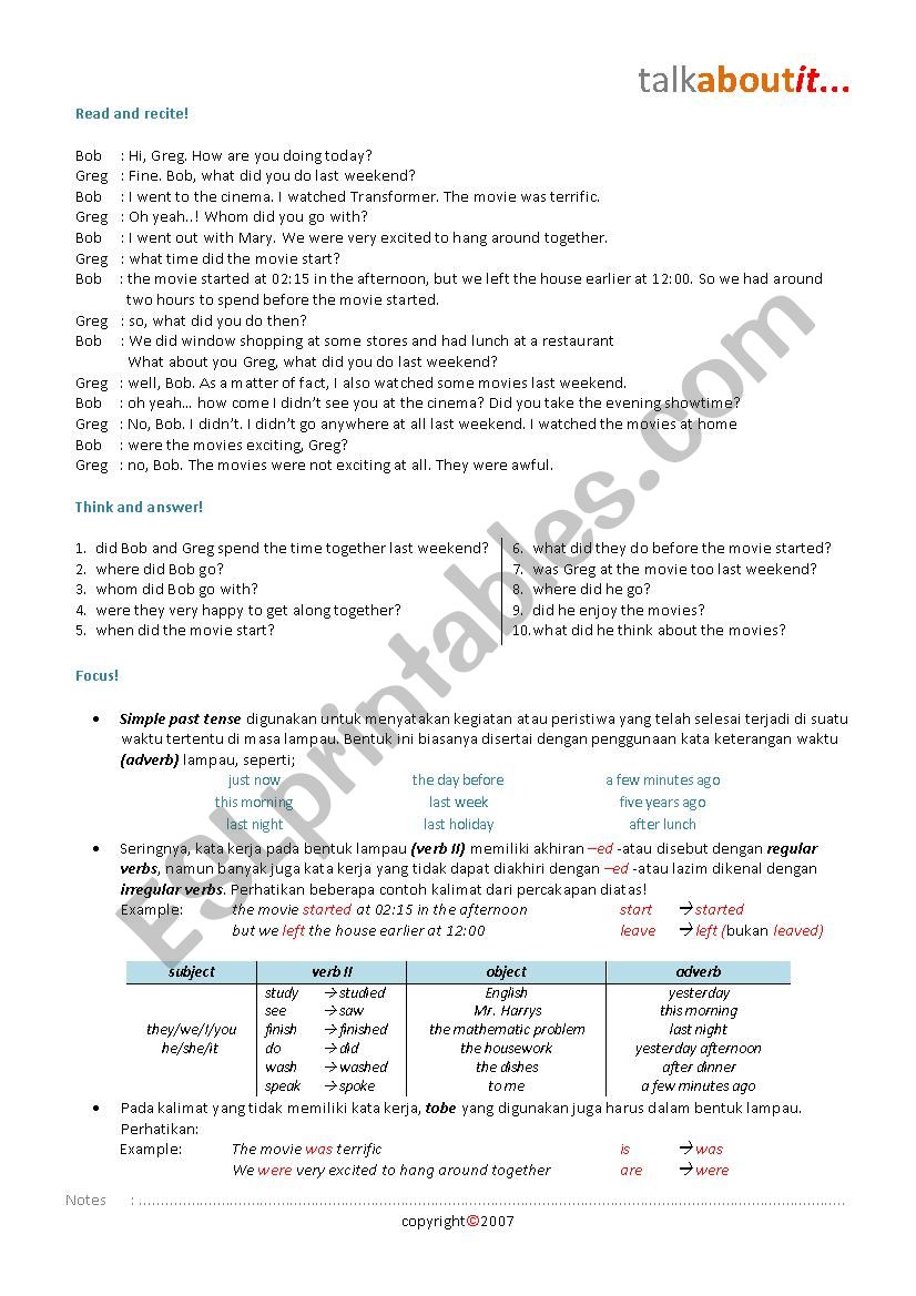 past tense worksheet