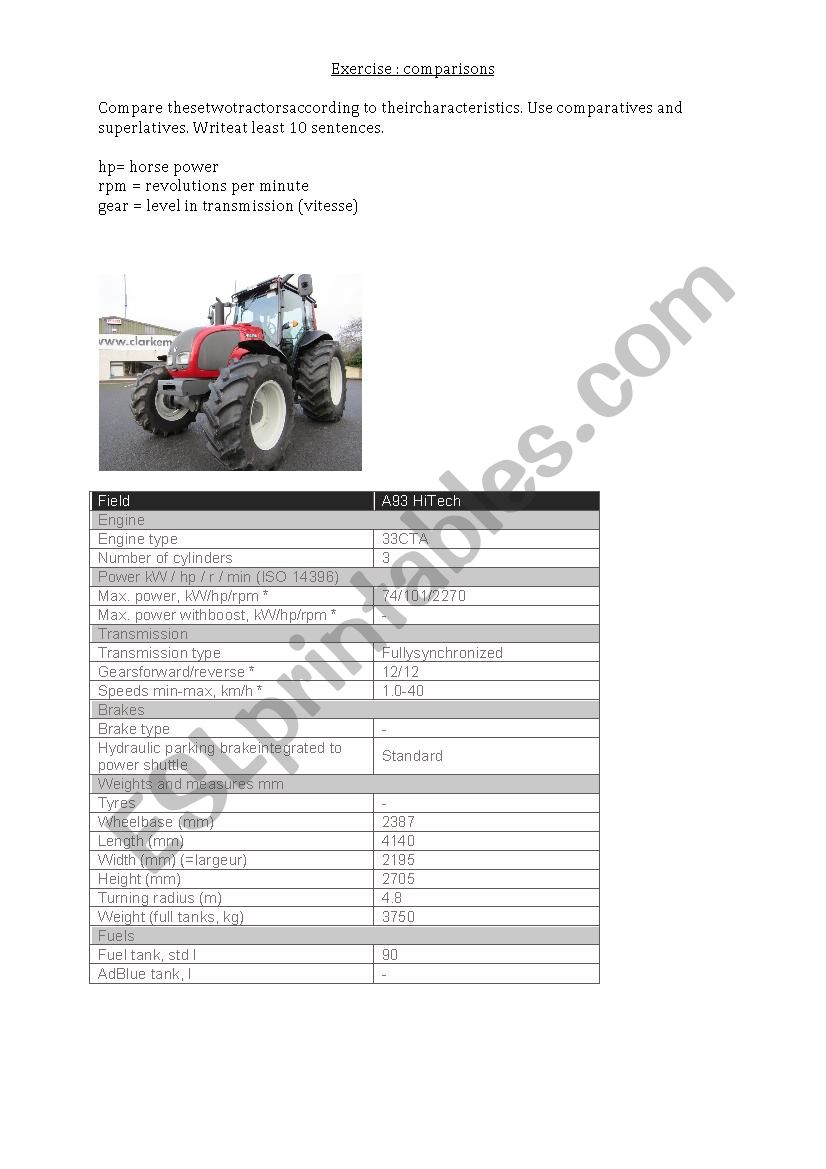 comparison exercise tractor worksheet