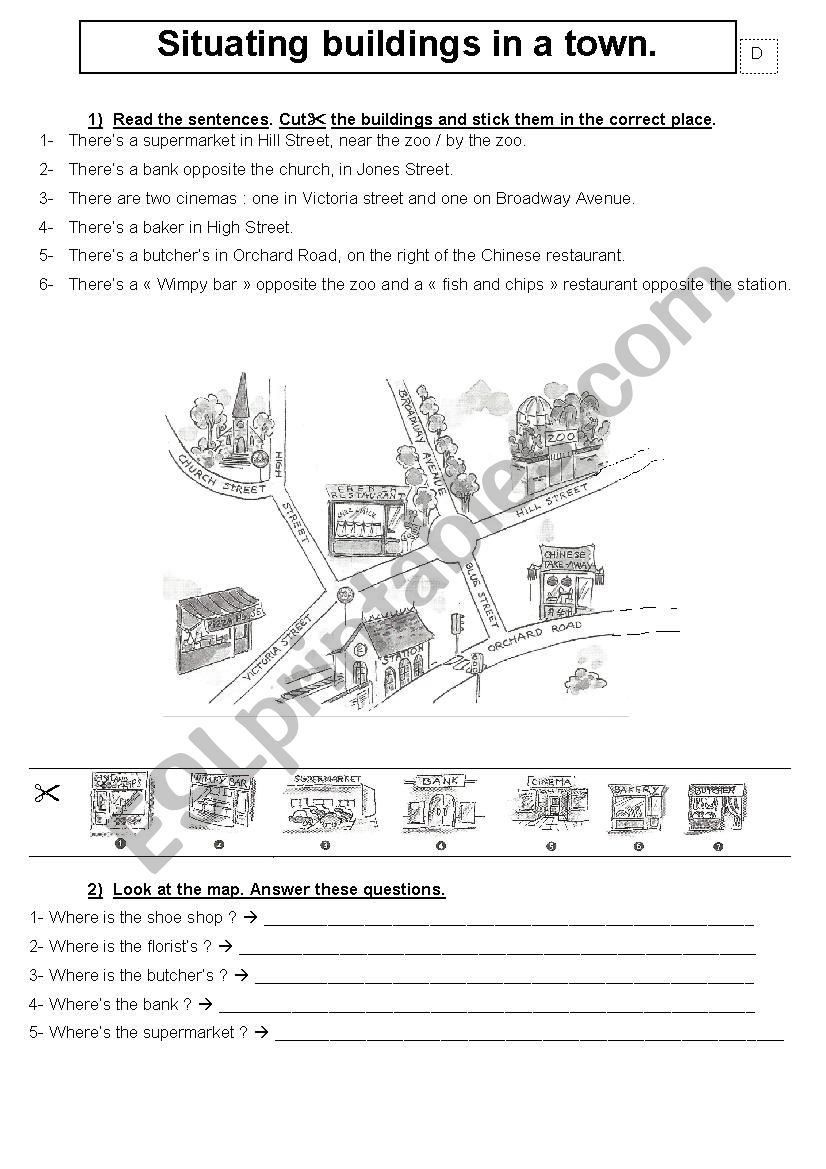SITUATING PLACES IN A TOWN worksheet