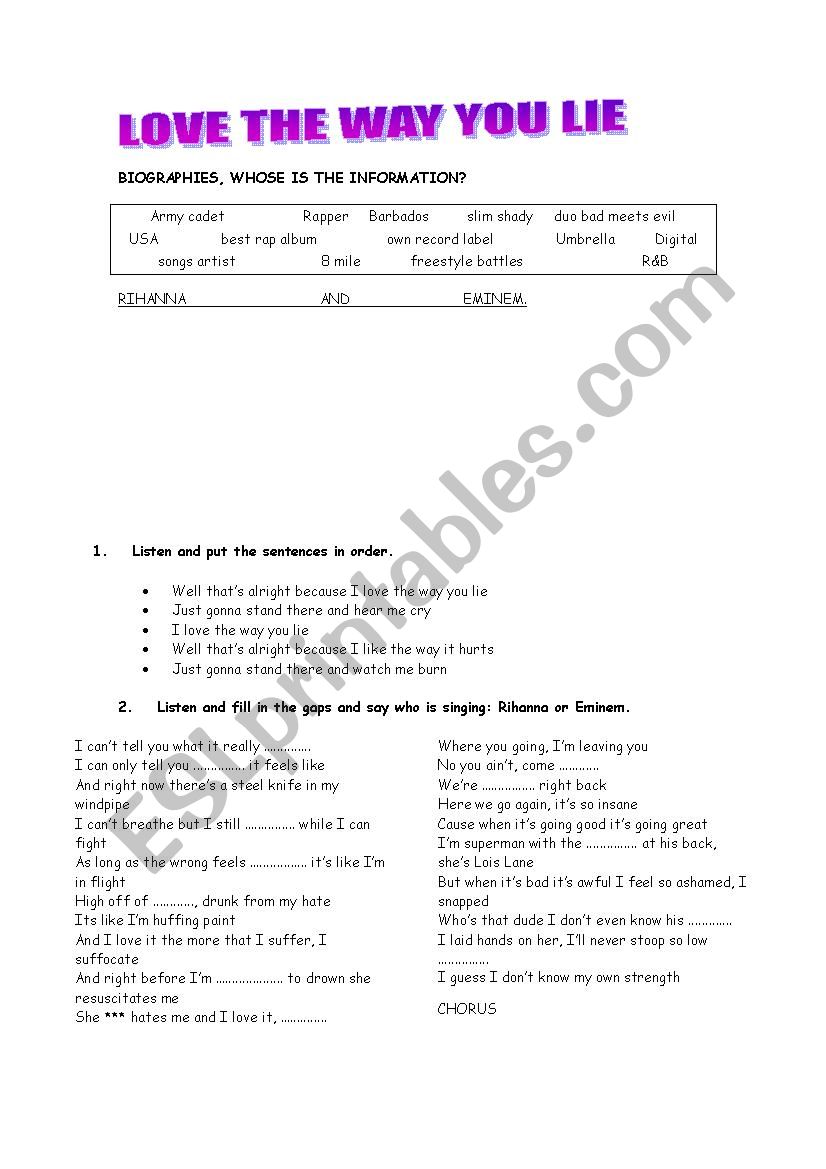 SONG LOVE THE WAY YOU LIE worksheet