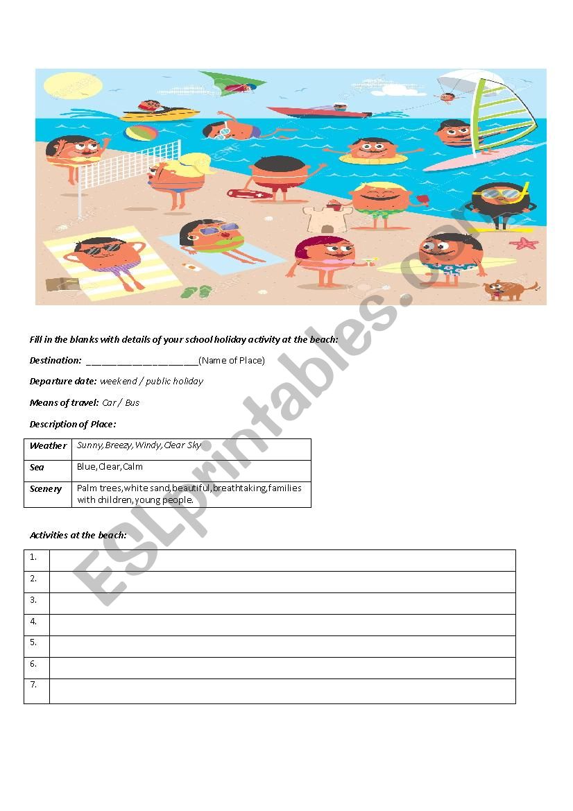 a day at the beach worksheet