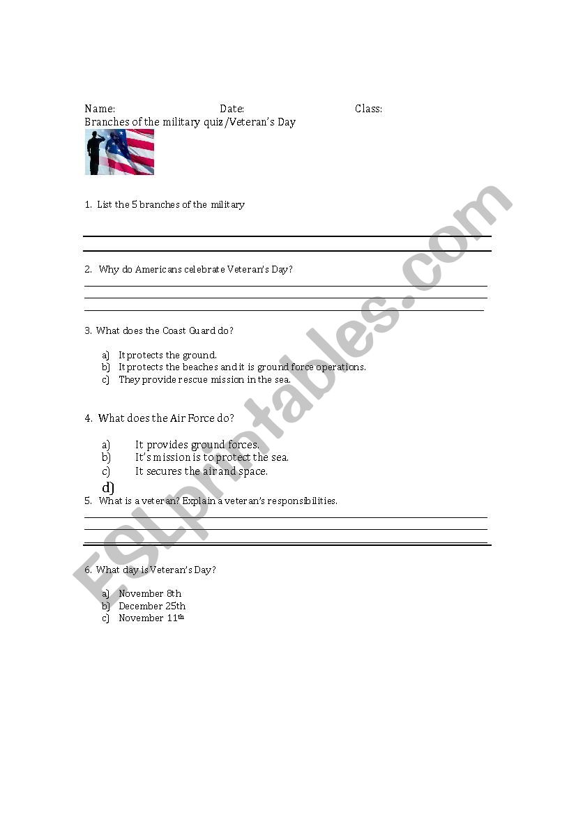 Veterans Day Quiz worksheet