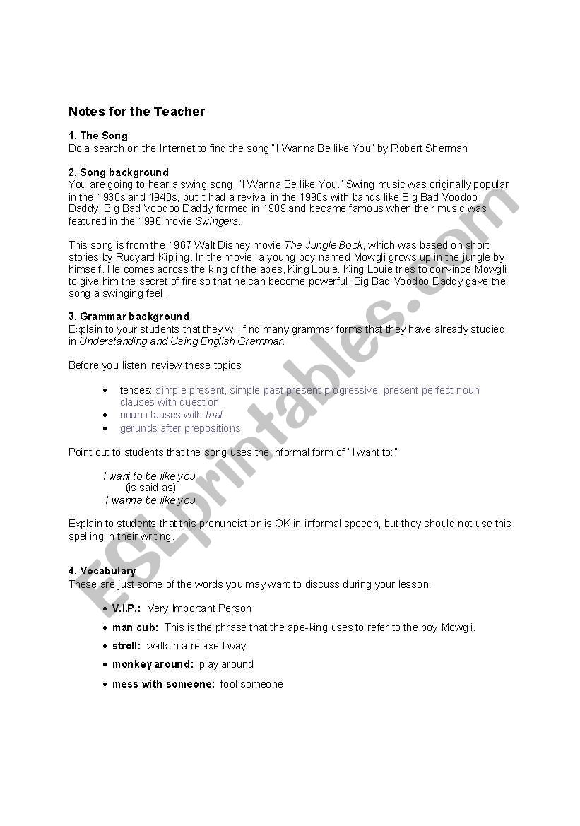 I Wanna Be Like You - Jungle Book Song - Fill in the blank - ESL worksheet  by Guil77