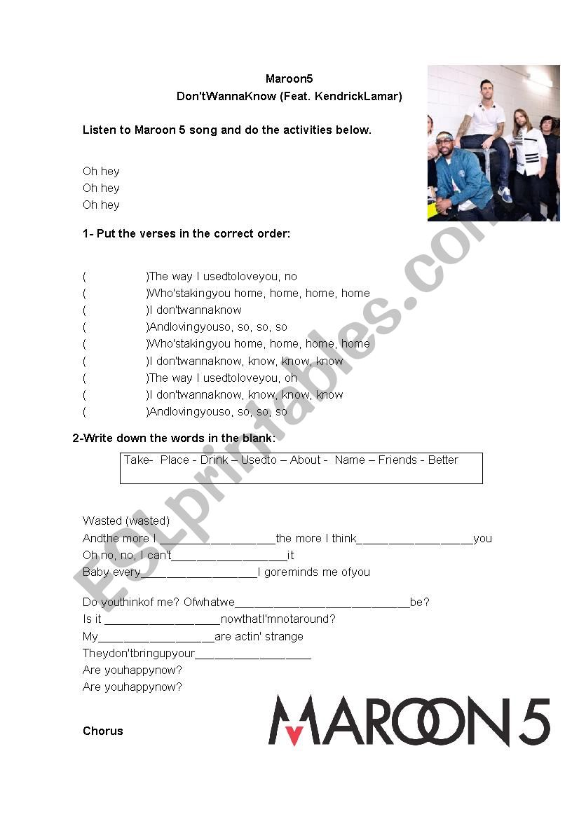 Dont wanna know - Maroon 5 worksheet