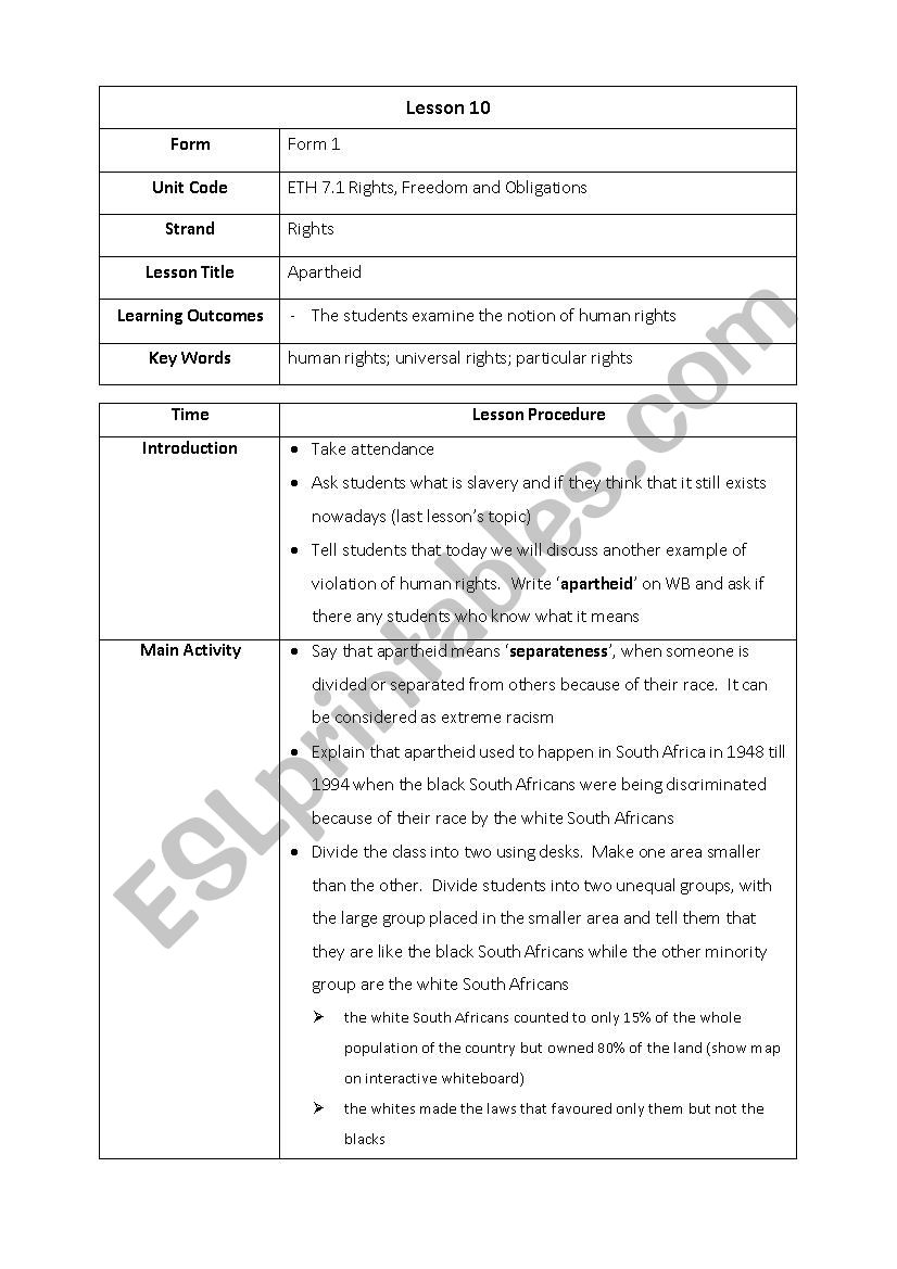 Apartheid Lesson Plan worksheet