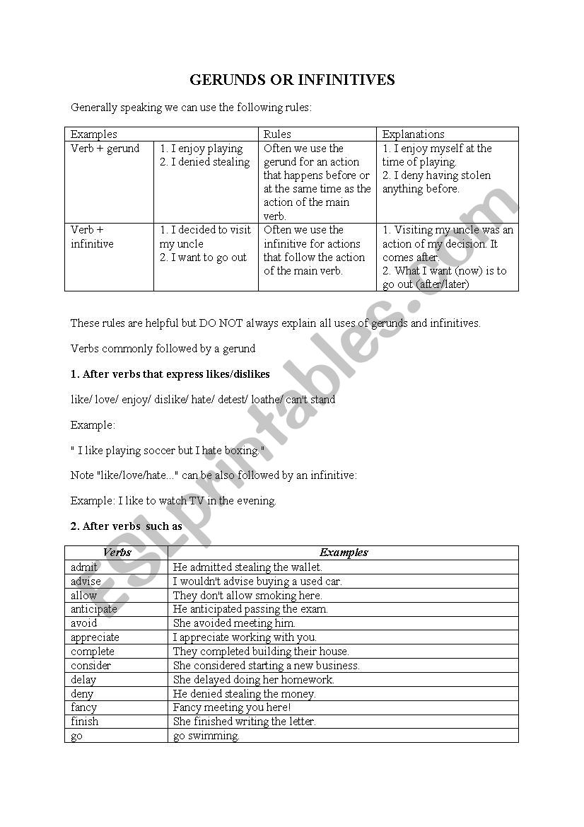 gerunds and infinitive worksheet