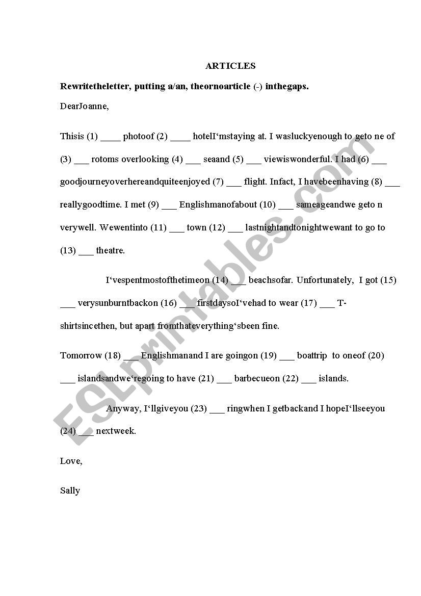 Articles worksheet