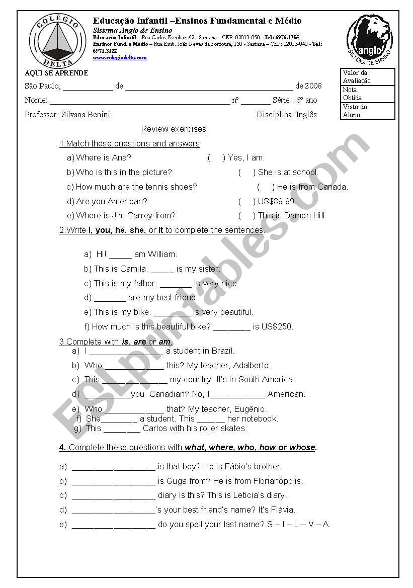 review exercises 6ºgrade - ESL worksheet by exercises