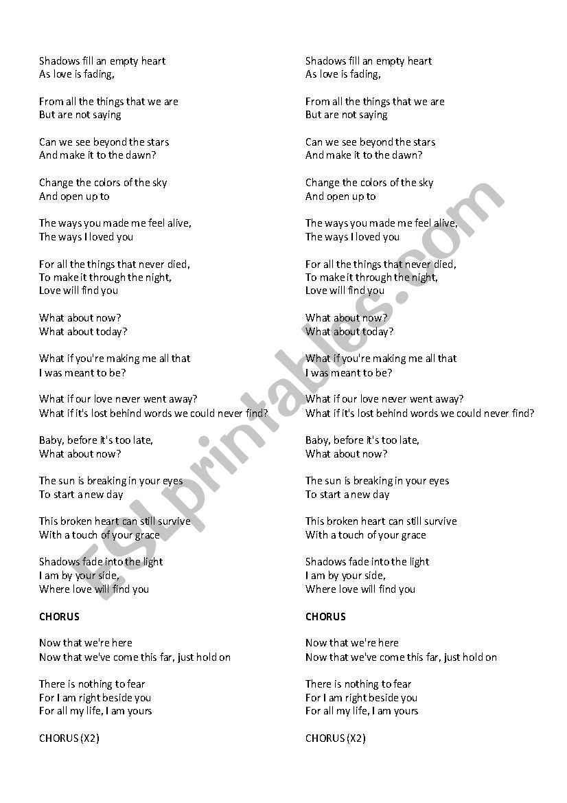 What About Now-Westlife Lyrics - ESL worksheet by veronicaargelia1006