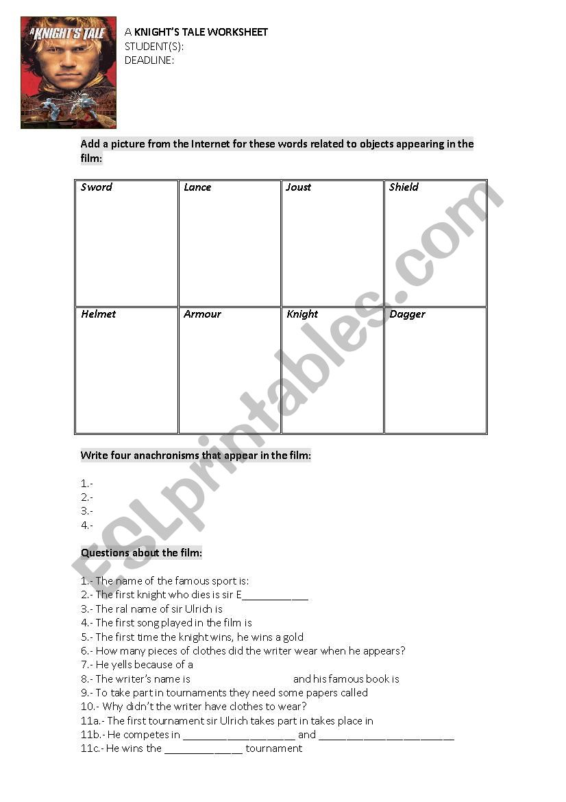 A Knights Tale worksheet