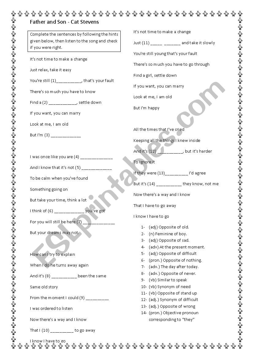 Song Worksheet: Father and Son - Cat Stevens	