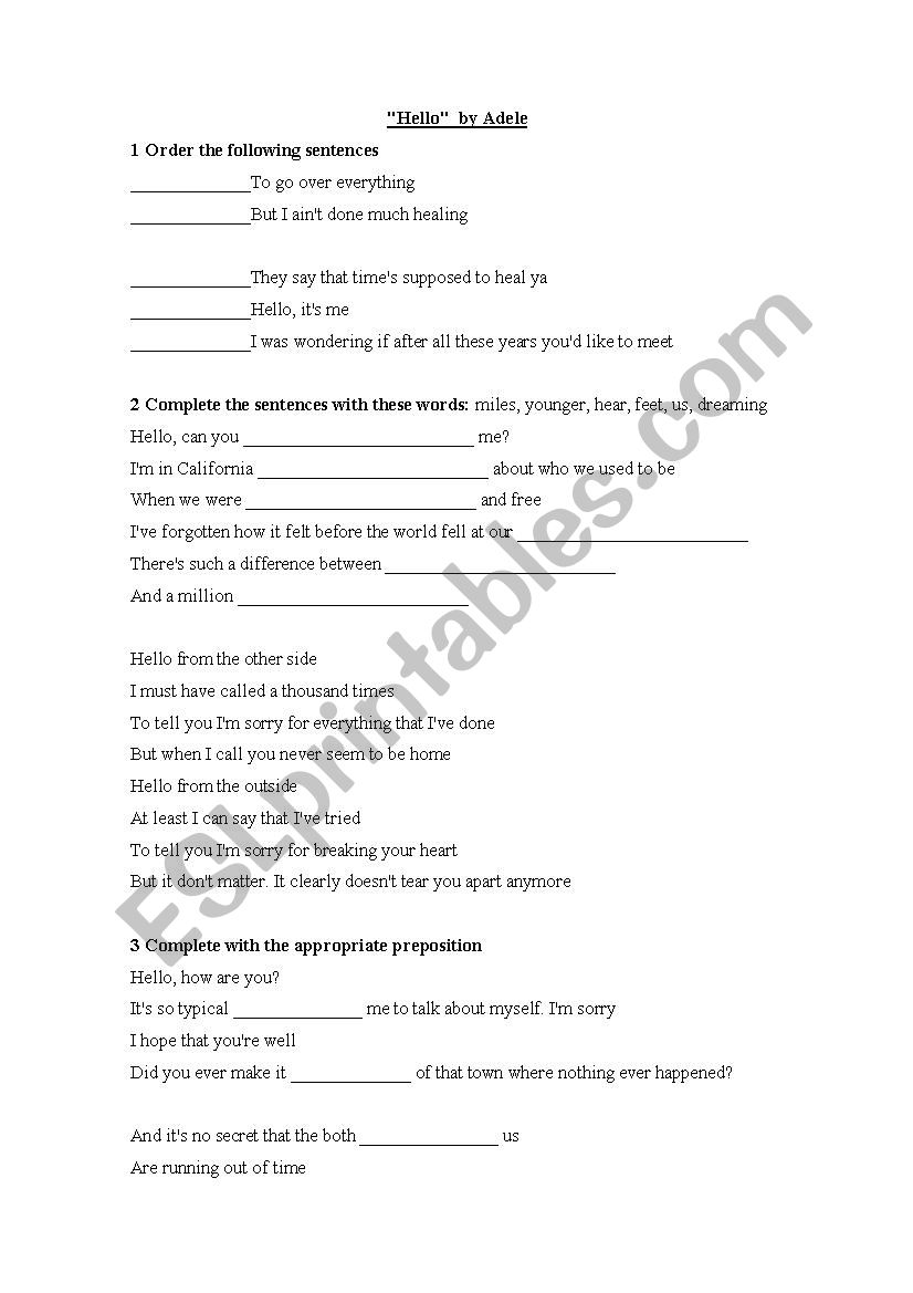 SONG: HELLO BY ADELE worksheet