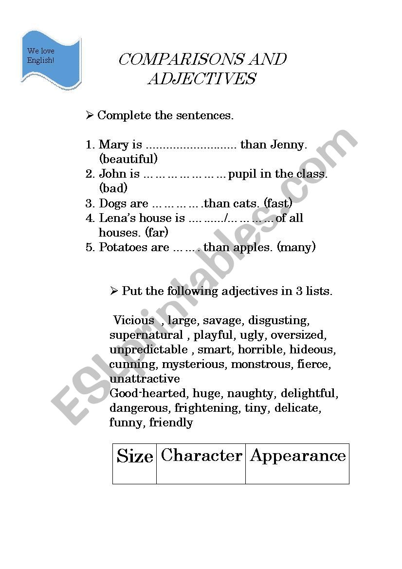 ADJECTIVES AND COMPARISONS  worksheet