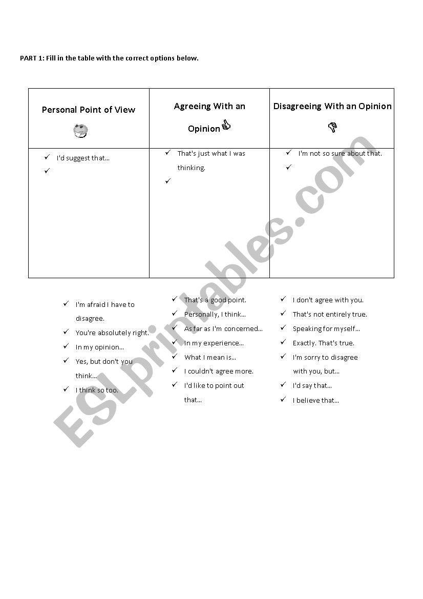 Personal Point of View, Agreeing With an Opinion, Disagreeing With an Opinion 