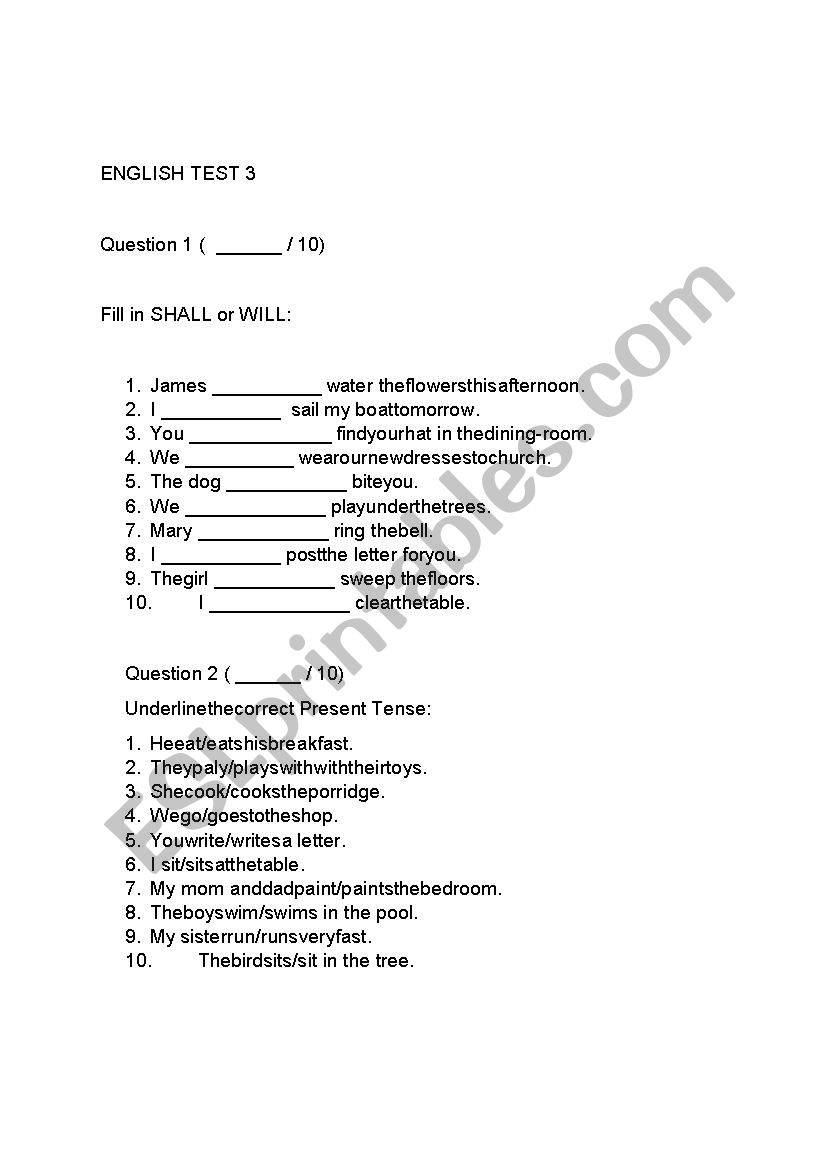 Will/Shall worksheet