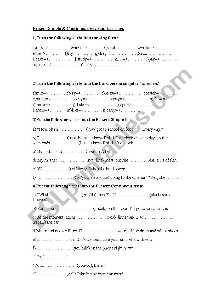 Present Simple and Continuous worksheet