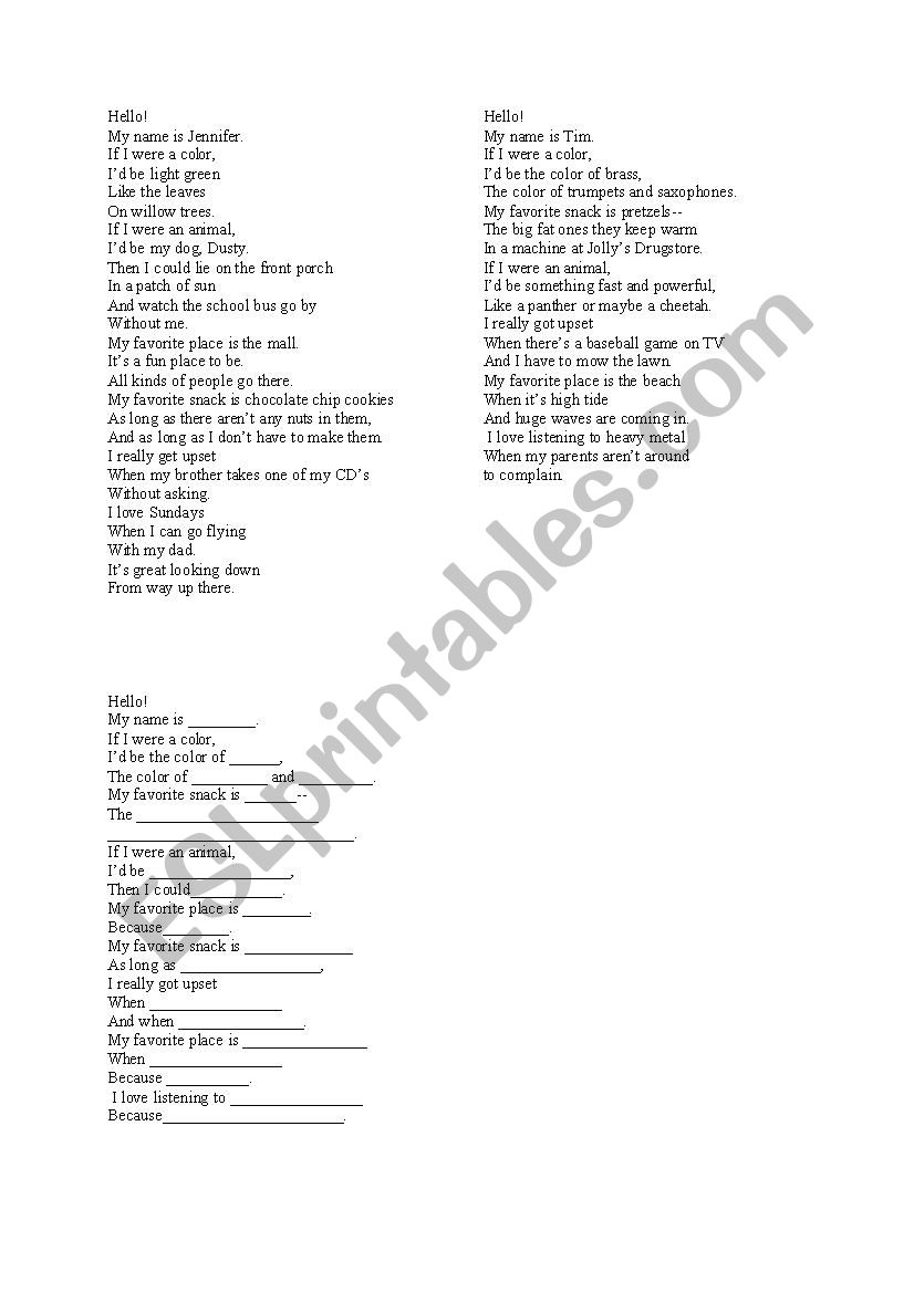 Poetery - Hello My Name is worksheet