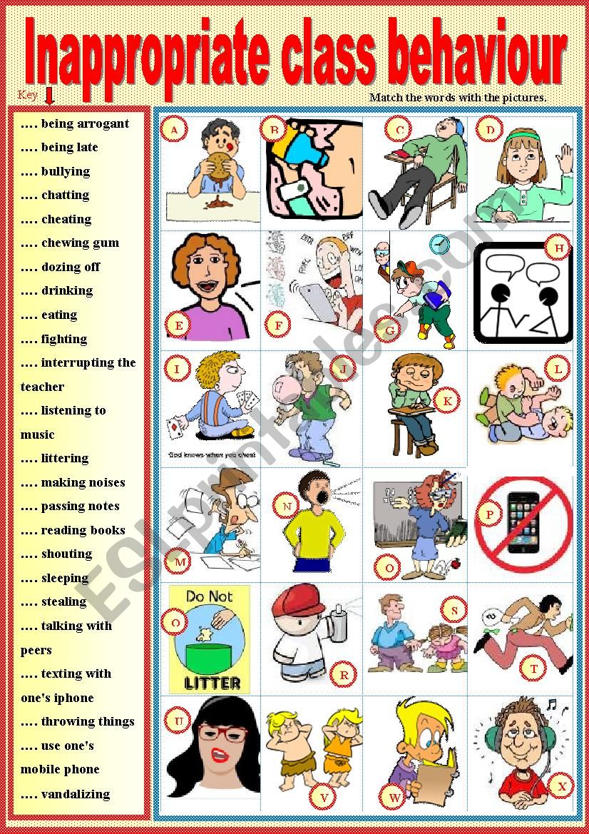 Inappropriate Class Behavior Matching Ex Key ESL Worksheet By 