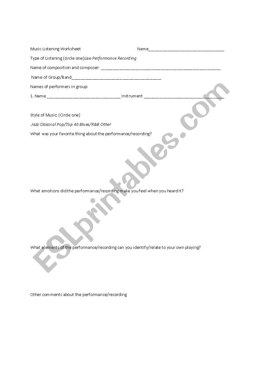 Music Listening Worksheet - ESL worksheet by vaughnj