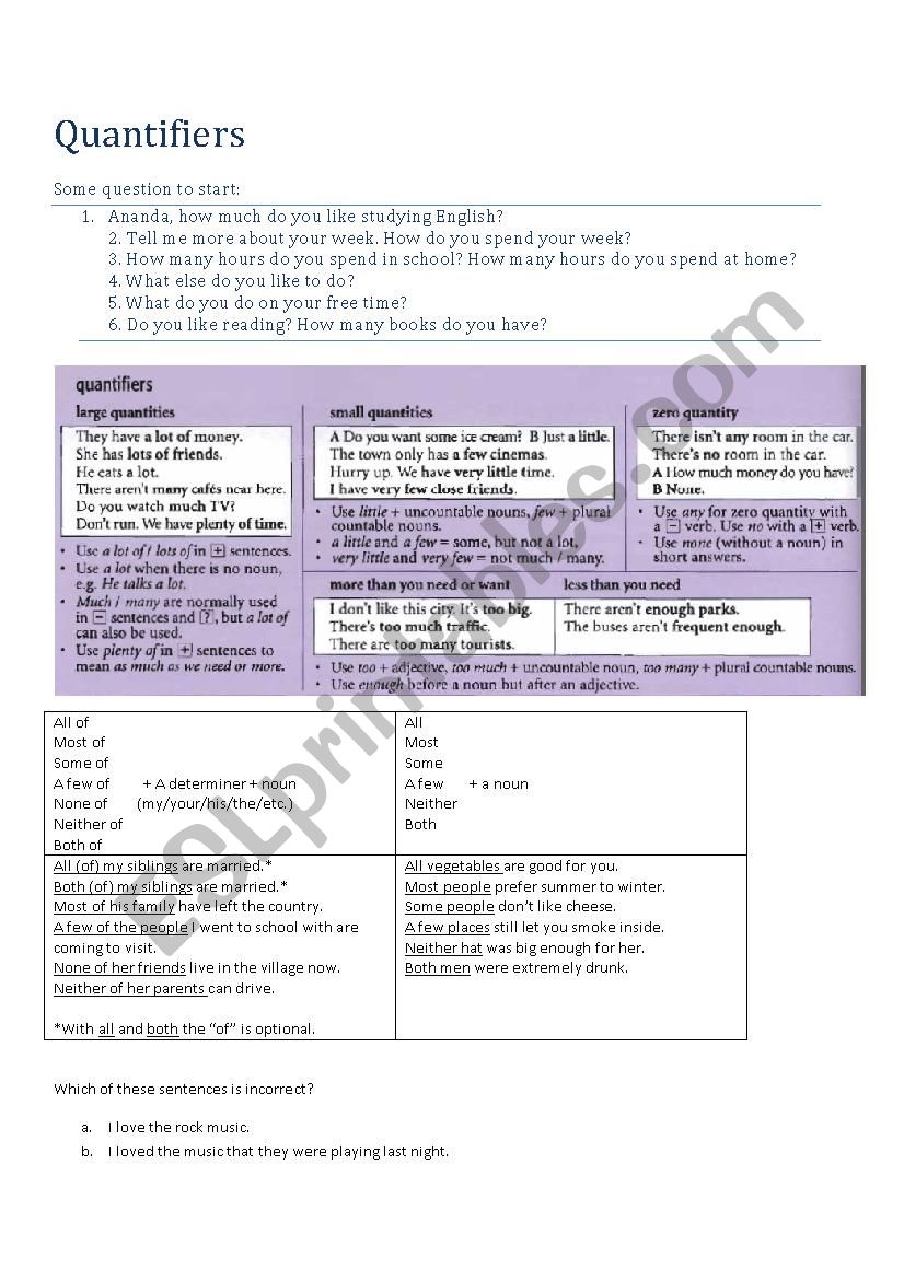 Quantifiers Worksheet Explanation