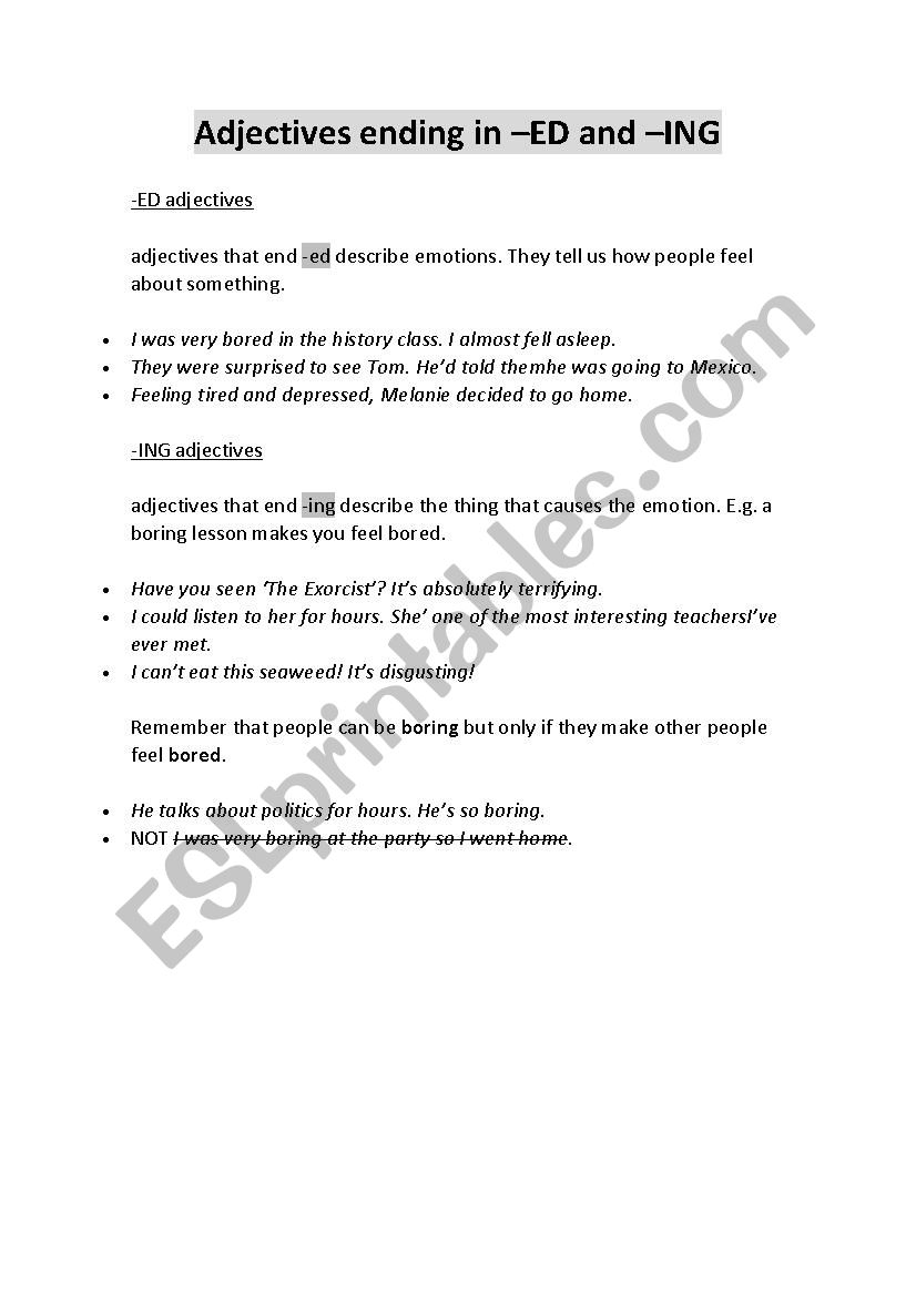 Adjectives with -ING and -ED worksheet