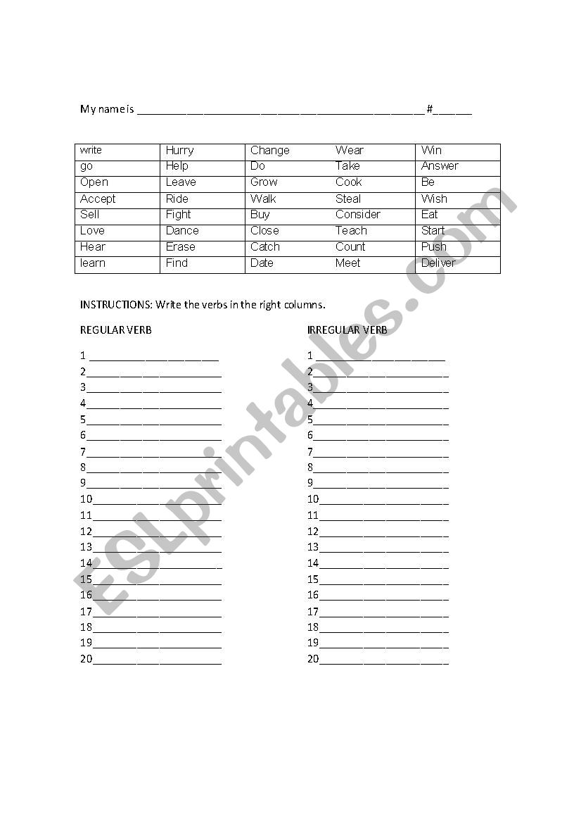 Regular and Irregular verbs  worksheet