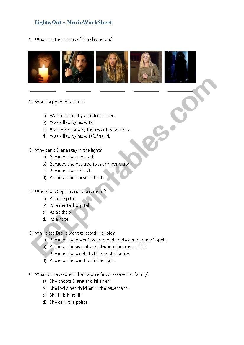 Lights Out - Horror Movie worksheet for beginners