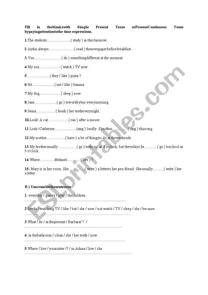 present continuous tense worksheet