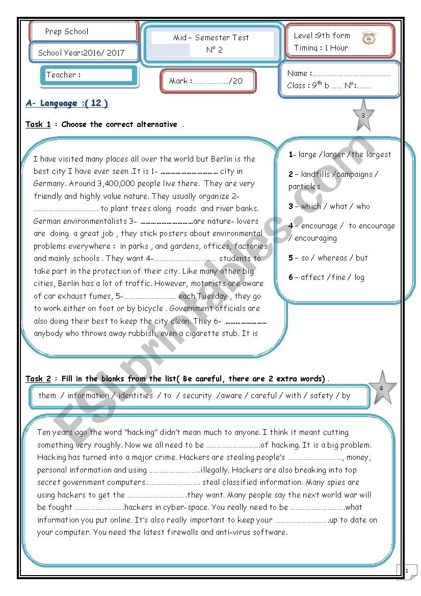 9th mid-semester test n°2 - ESL worksheet by marane