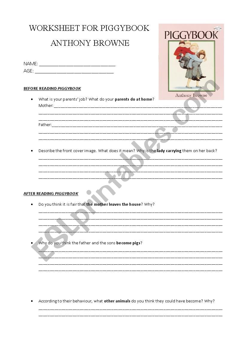 PIGGYBOOK by Anthonie Browne worksheet