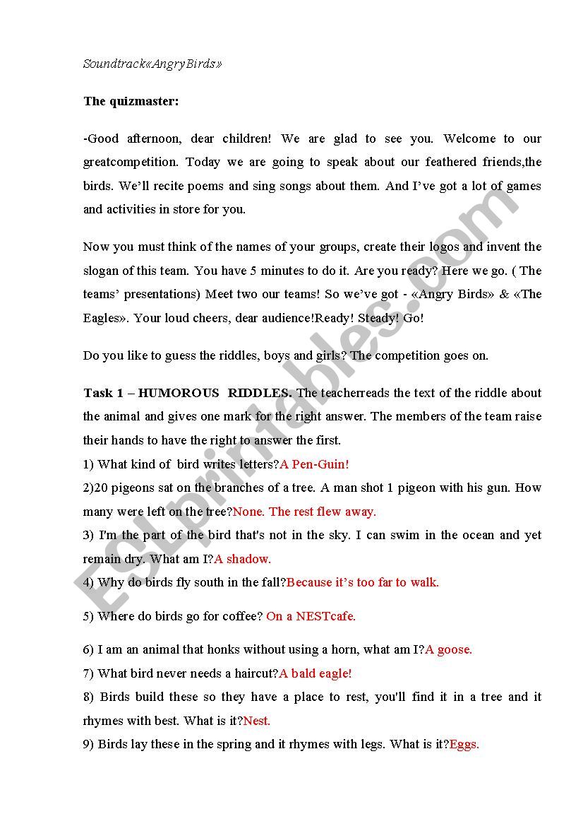 quiz time competition worksheet