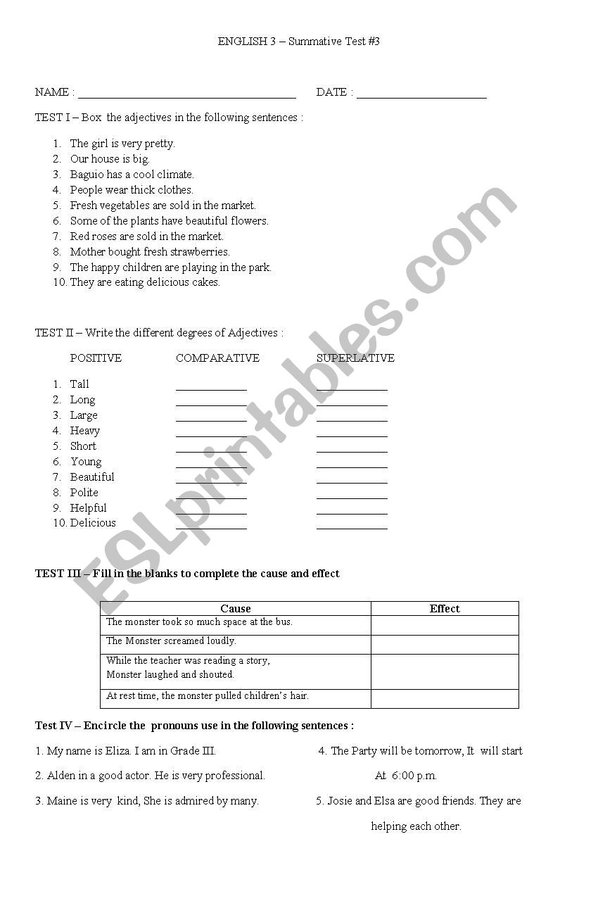 English and Science Quizzes worksheet