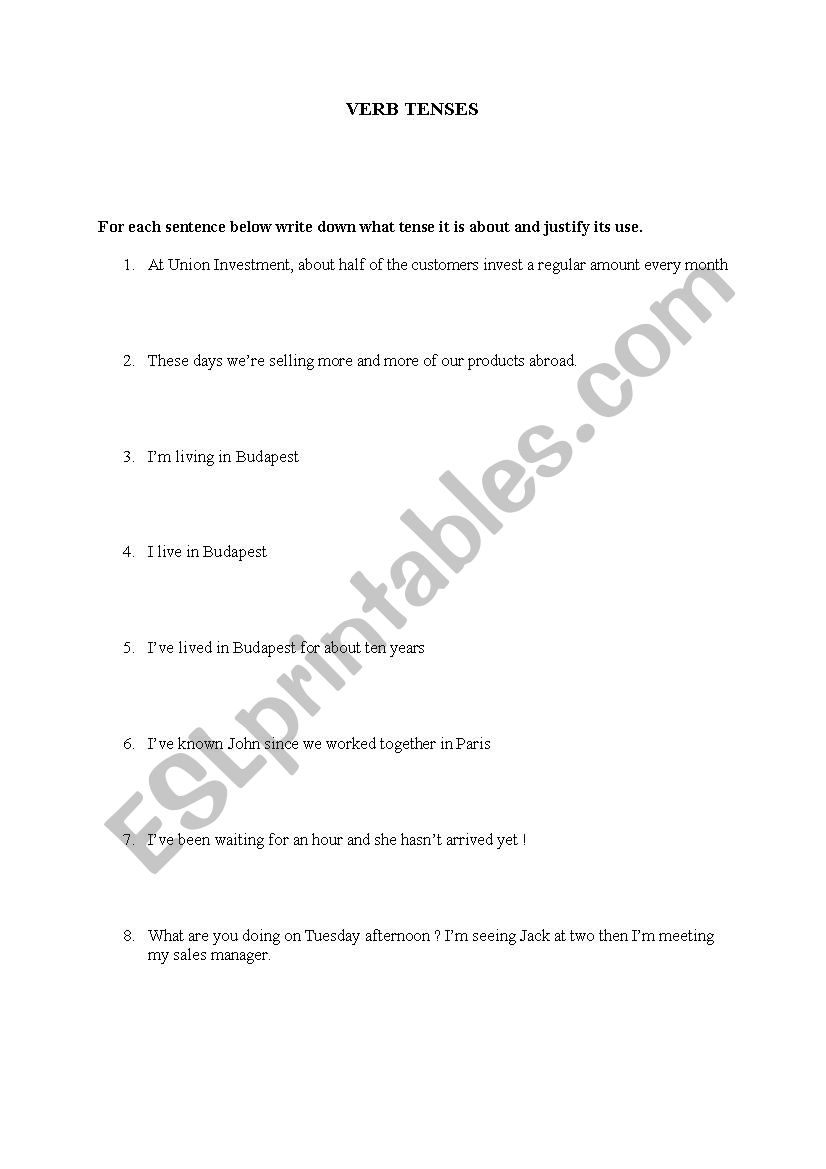 English Verb Tenses Worksheet worksheet