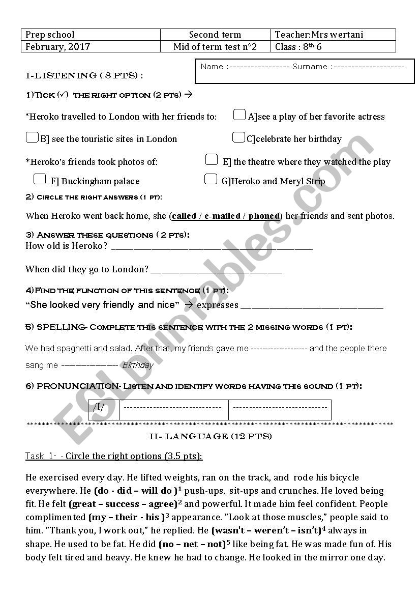 Mid Of Term Test N°2 8th Form - Esl Worksheet By Ryma