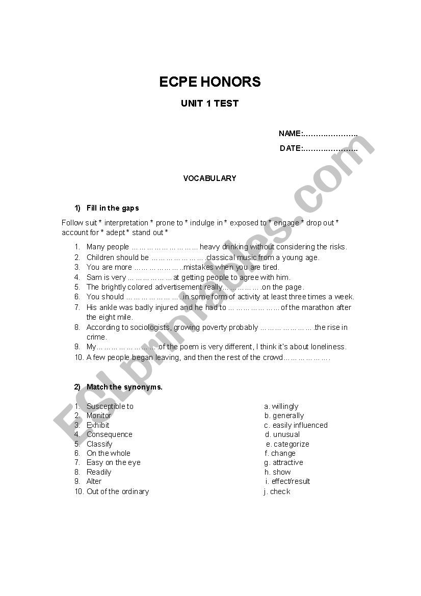 ecpe honors unit 1 worksheet