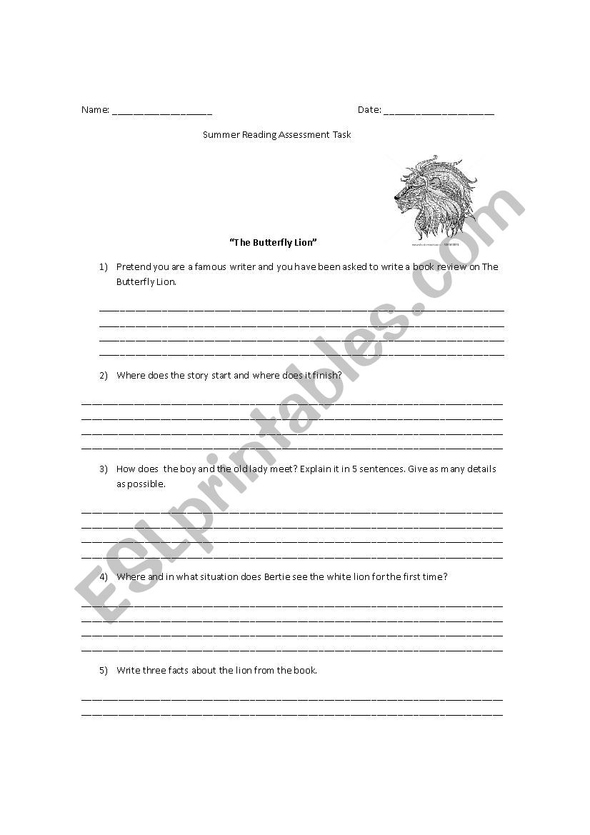 THE BUTTERFLY LION worksheet