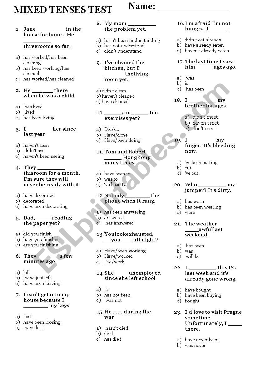 Present Perfect Present Perfect Continuous Simple Past Multiple 