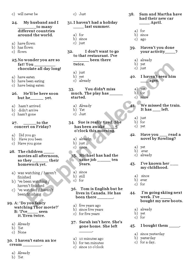 Present Perfect Simple And Continuous Multiple Choice Exercises Pdf Best Games Walkthrough