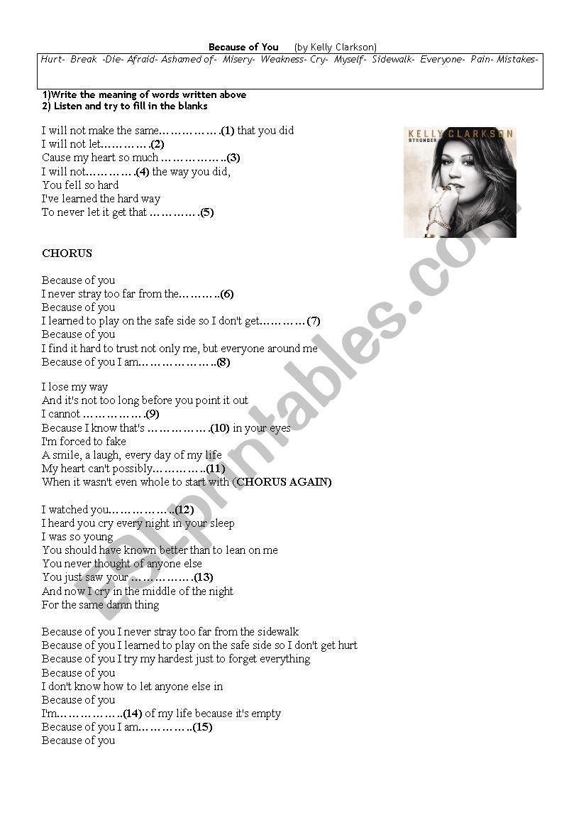Kelly Clarkson-Because of you worksheet