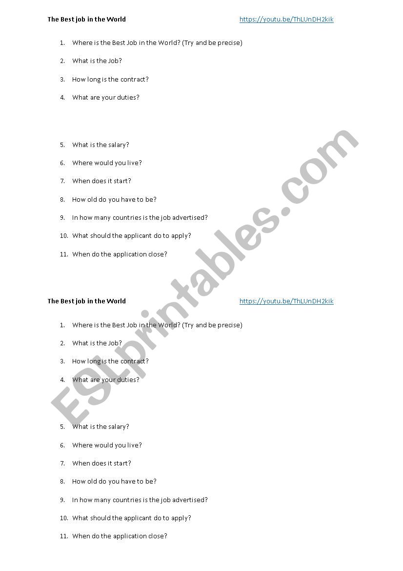 Best Job in the World worksheet