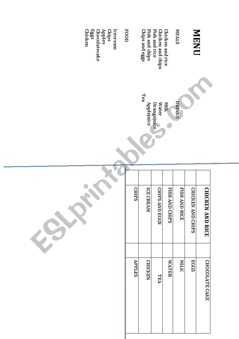 menu game worksheet