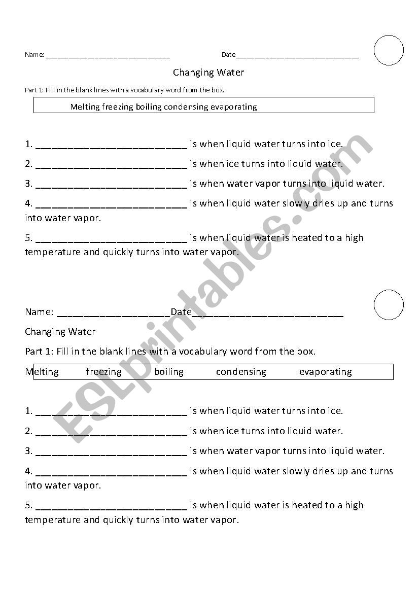 Changing Water Quiz worksheet
