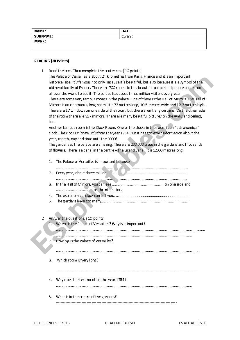 Palace of Vesailles worksheet