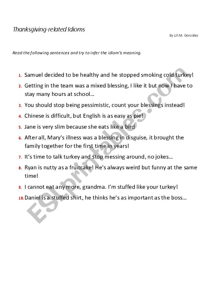 Thanksgiving related idioms worksheet