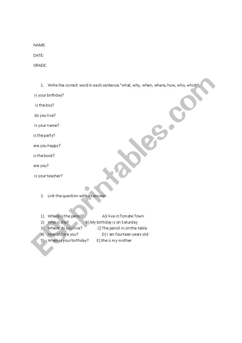 Question word test worksheet