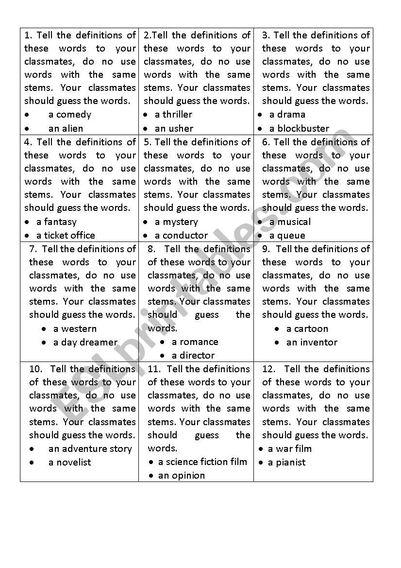 film and books vocab worksheet