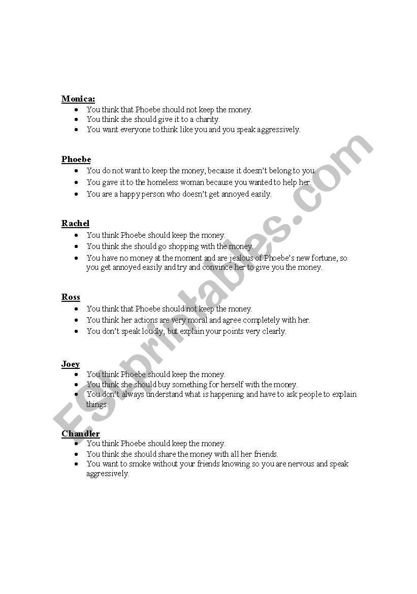 Friends episode Role-Playing worksheet