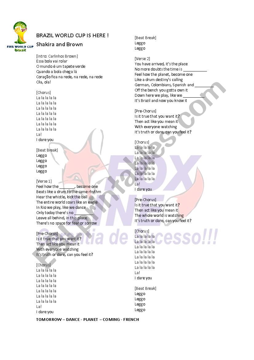 Music Brazil World Cup worksheet